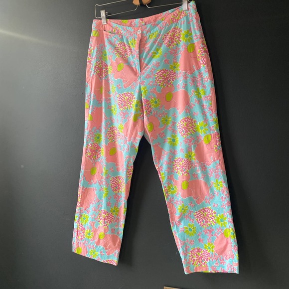 Lilly Pulitzer White Label Blue Pink Elephant Floral Print Pants Size 8 - Picture 12 of 12